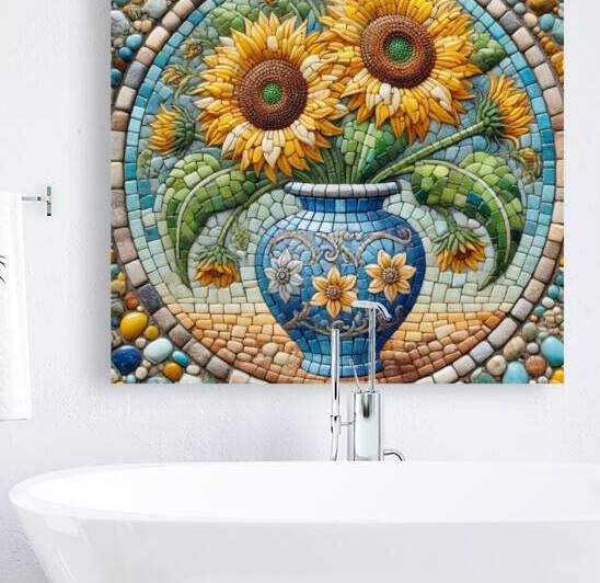 Stunning Mosaic Artwork of Sunflowers in a Decorative Blue Vase by Carole Bally