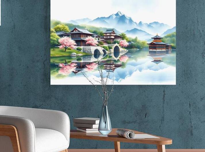 Tranquil Japanese Village by the Lake – A Serene Mountain Reflection by Carole Bally