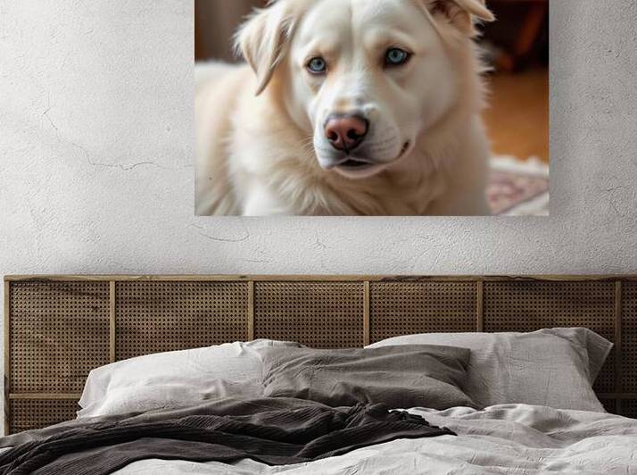  This stunning mural features a captivating white dog with blue eyes by MasterpiecesonWalls