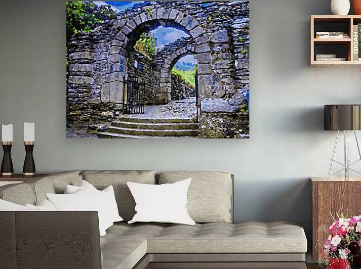 Watercolor painting of ancient stone archway with vibrant scenery by Gestalt Imagery