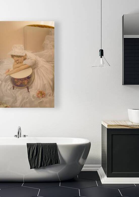 Vintage portrait of a young 1950s woman wearing a wedding dress resting on an inflatable terrarium ottoman in front of a mirror by Artmood Visualz