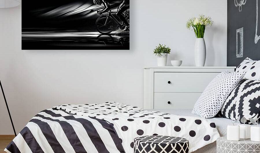 Fine Art High Contrast Photography Cyclist Racing Rain 35mm Wide Angle Lens Motion Blur Red Color Accent Dynamic Action Shot by ArtisticAlkhemy AI