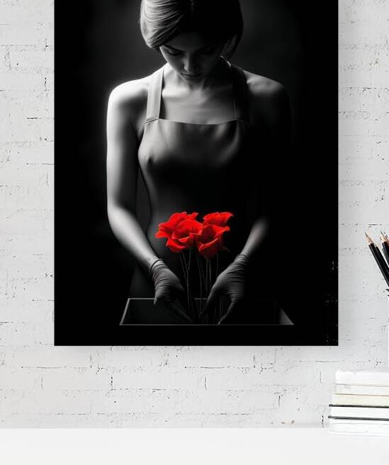 Fine Art High Contrast Photography Portrait Florist Arranging Flowers Soft Fill Light Red Color Accent Flower Detail by ArtisticAlkhemy AI
