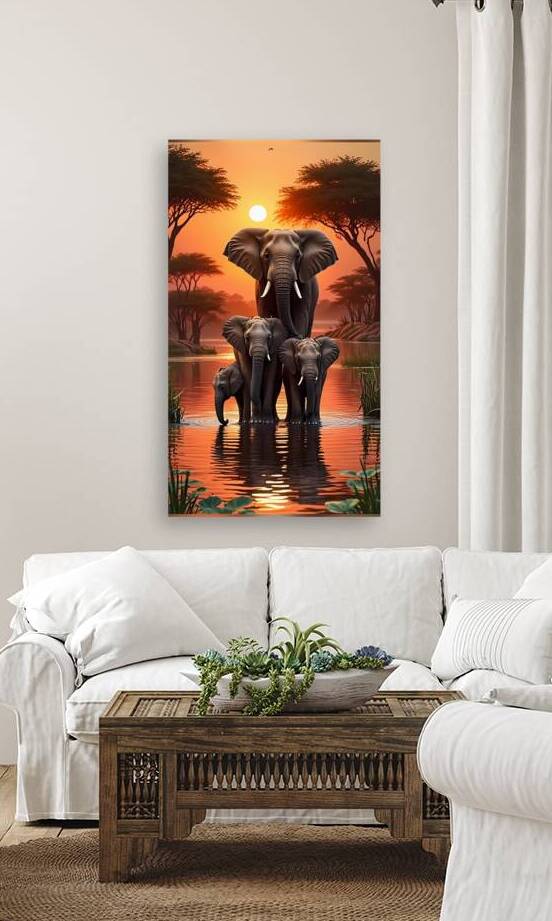 Playful Elephant Herd by the Riverbank Poster – by Golden Touch Prints