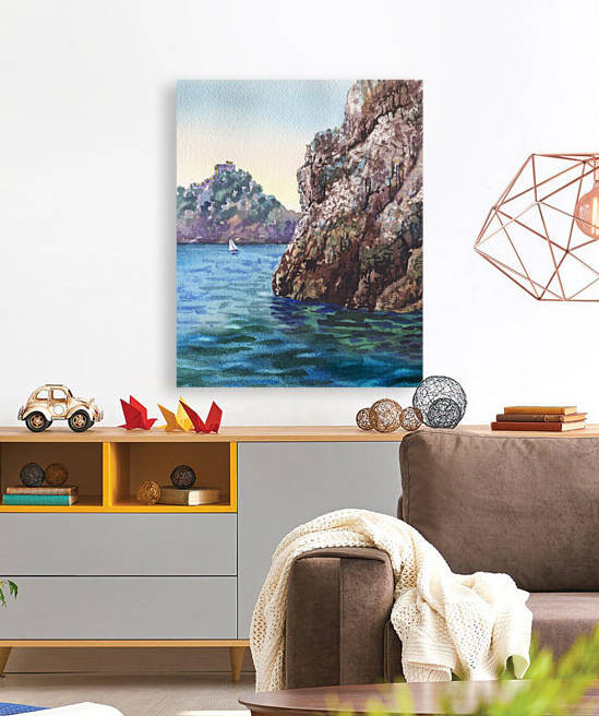 Seascape Harbor Rocky Shore Watercolor Painting by Irina Sztukowski