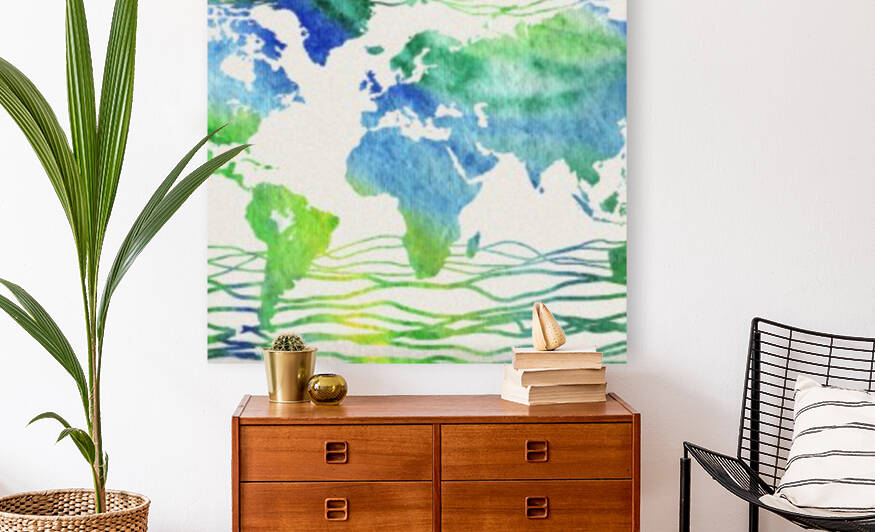 Watercolor Silhouette World Map Blue Green Wave  by Irina Sztukowski