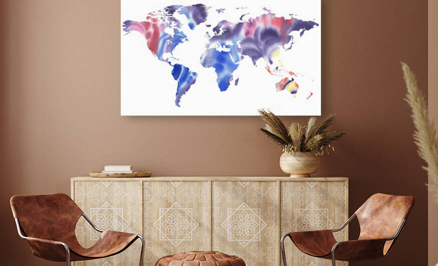 Watercolor Silhouette World Map Purple Blue by Irina Sztukowski