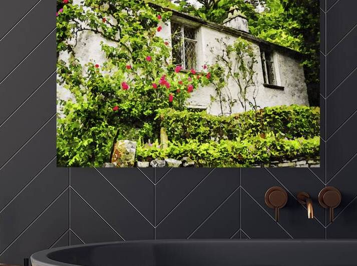 Charming countryside cottage with lush garden in watercolor style painting by Gestalt Imagery