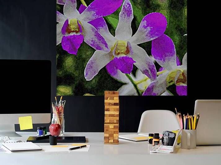 Vibrant watercolor painting of violet orchid blossoms by Gestalt Imagery