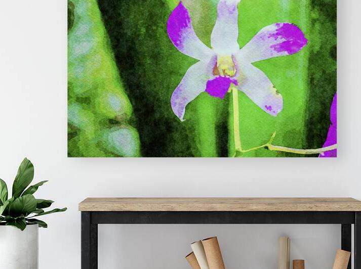 Vibrant watercolor of a purple orchid against a lush green backdrop by Gestalt Imagery
