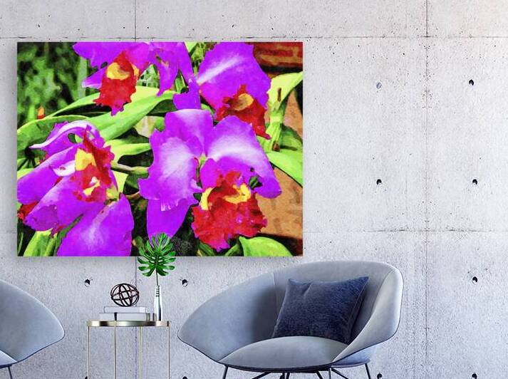 Vibrant watercolor illustration of pink and red orchid flowers by Gestalt Imagery