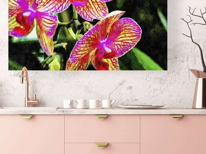 Close up of vibrant pink and yellow orchids in watercolor style by Gestalt Imagery