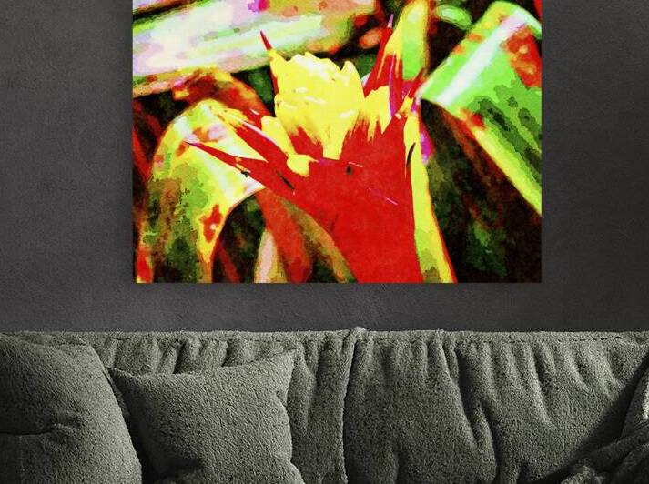 Vibrant watercolor painting of a tropical bromeliad flower in vivid colors by Gestalt Imagery