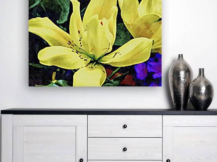 Beautiful watercolor painting of a vibrant yellow lily flower in bloom by Gestalt Imagery