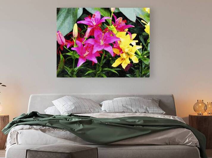 Vibrant watercolor lilies in full bloom in garden setting by Gestalt Imagery