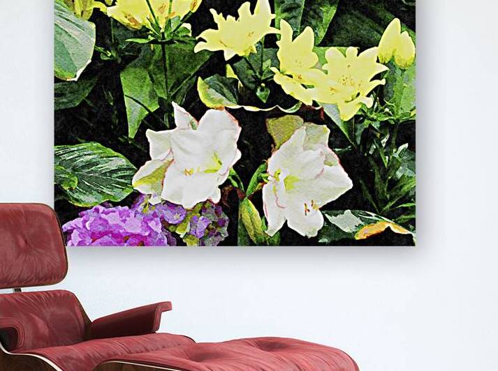 Watercolor painting of lilies and hydrangeas in vibrant garden by Gestalt Imagery