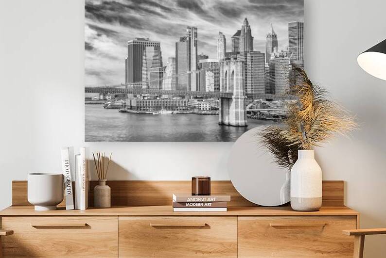 Brooklyn Bridge with Pier 17 and South Street Seaport | Monochrome by Melanie Viola