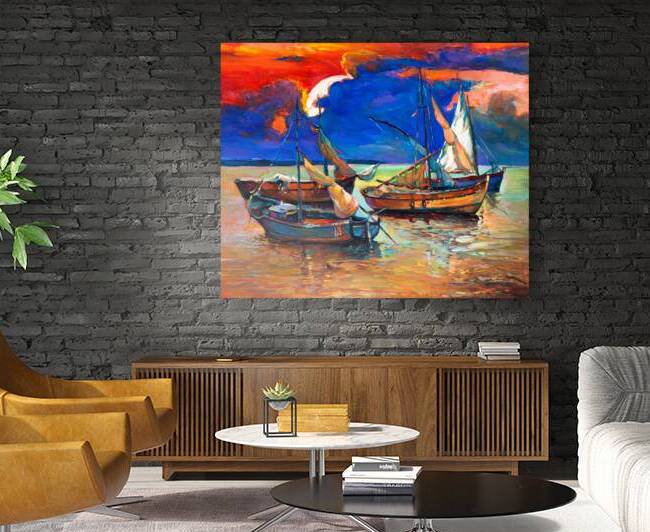 Vibrant Sunset Over Fishing Boats - Colorful Maritime Artwork by el halaoui ali