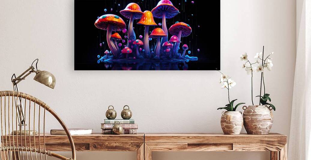 Neon mushroom in psychedelic style by Point Art