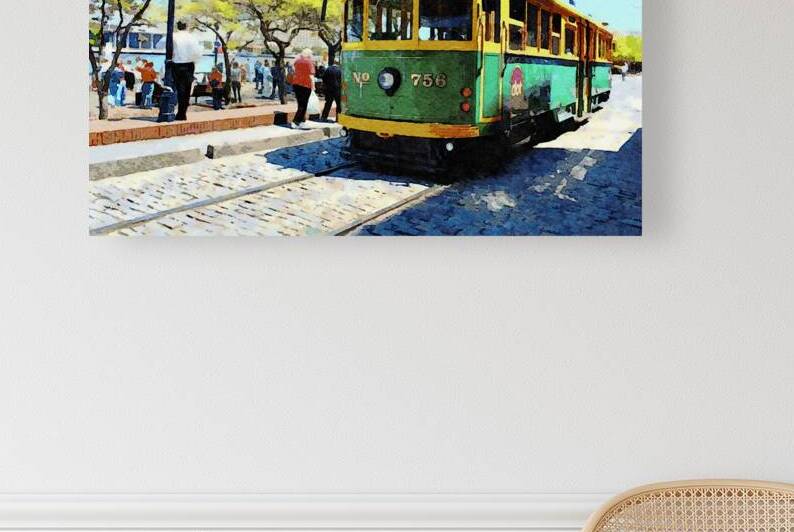 Watercolor depiction of River Street tram in Savannah Georgia on a sunny day by Gestalt Imagery