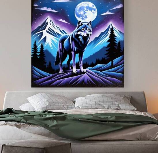 Majestic Wolf Under Moonlight - Vibrant Wildlife Art by el halaoui ali