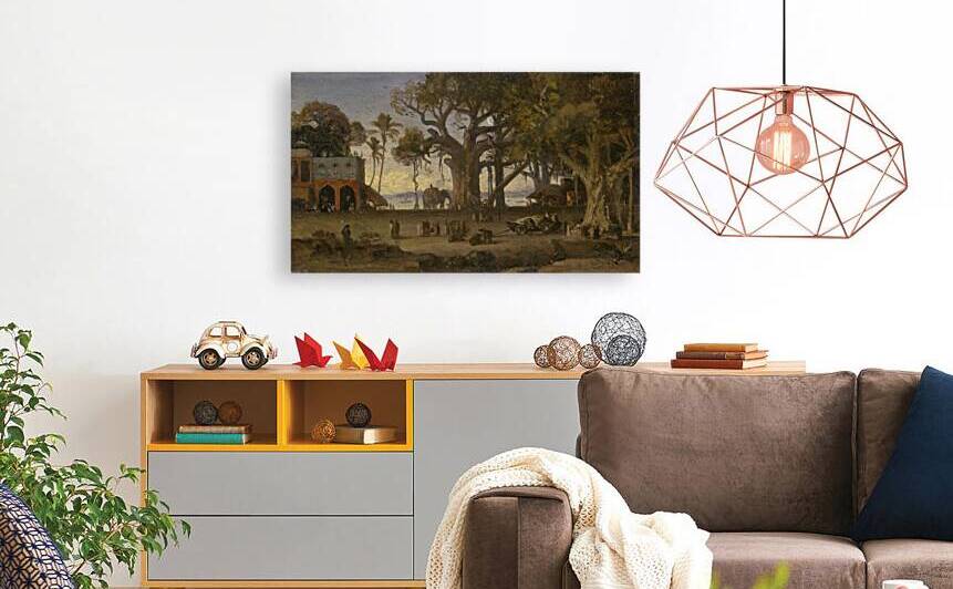 Moonlit Scene of Indian Figures and Elephants among Banyan Trees. Upper India [probably Lucknow] by Auguste Borget [1809–1877] by MyCozyFineArt