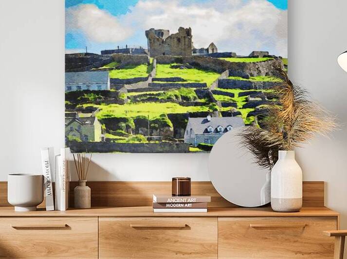 Watercolor painting of Inishmore landscape showcasing historic ruins and green fields by Gestalt Imagery