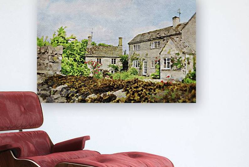 Charming watercolor painting of English cottages in the Cotswolds countryside by Gestalt Imagery