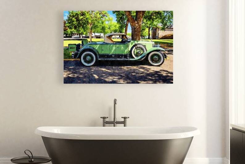 Watercolor depiction of a 1929 green Cadillac roadster in a park setting by Gestalt Imagery