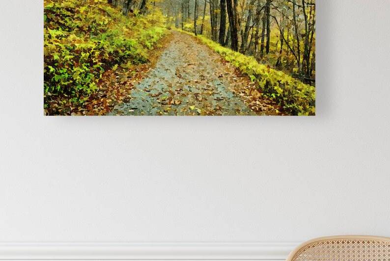 Watercolor art of a forest trail during autumn in vibrant foliage colors by Gestalt Imagery