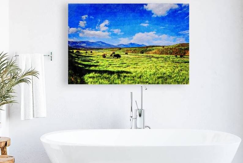 Watercolor depiction of bison grazing by the Yellowstone river under a blue sky by Gestalt Imagery