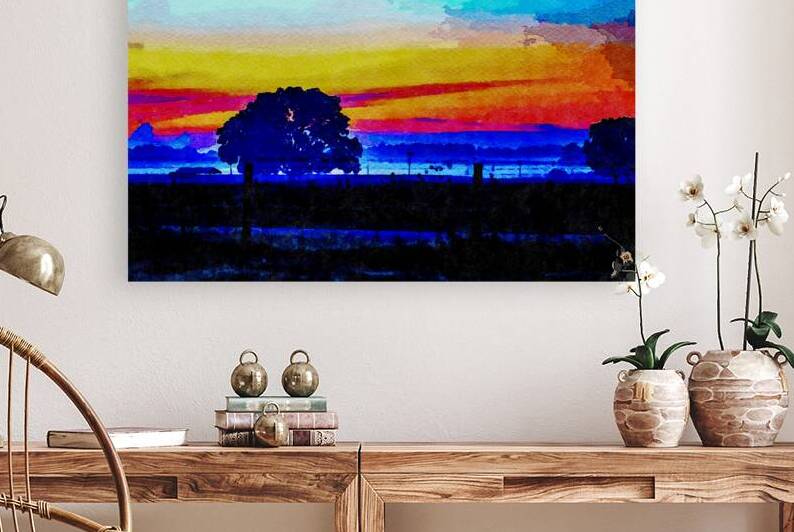 Watercolor depiction of sunrise with vibrant colors and tree silhouette by Gestalt Imagery