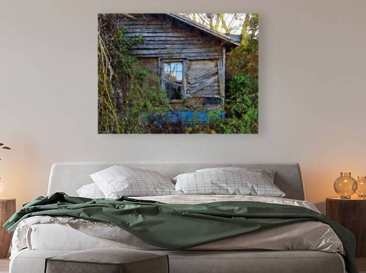 Watercolor depiction of an abandoned wooden house enveloped in overgrown vegetation by Gestalt Imagery