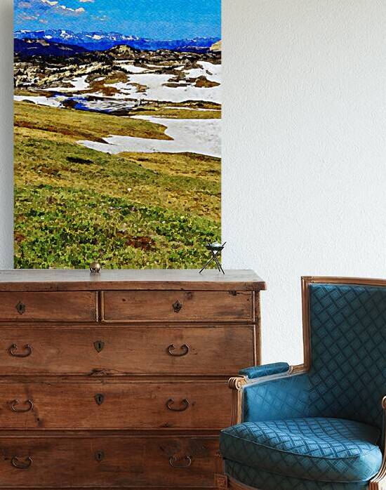 Watercolor painting of Beartooth Highway with snowcapped mountains and lush greenery by Gestalt Imagery