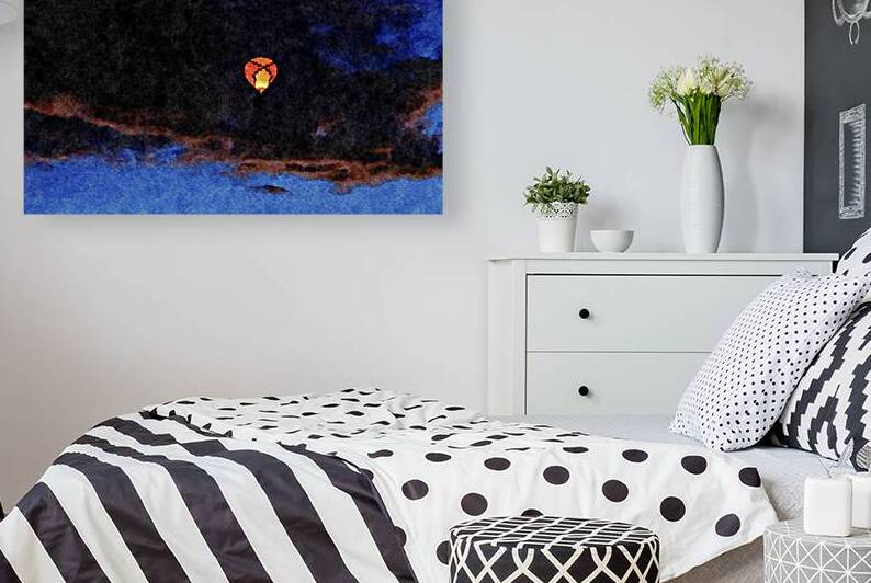 Watercolor painting of a hot air balloon floating in a dark sky by Gestalt Imagery