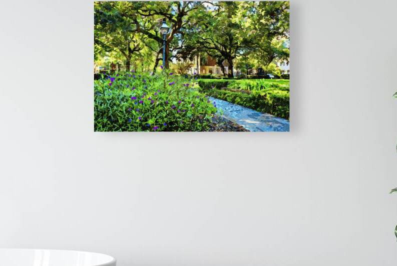 Watercolor painting of a Greene Square in Savannah Georgia with lush greenery by Gestalt Imagery