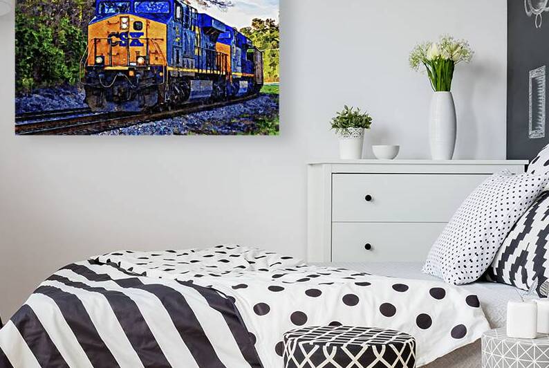 Watercolor painting of a CSX freight train in a scenic rural setting by Gestalt Imagery