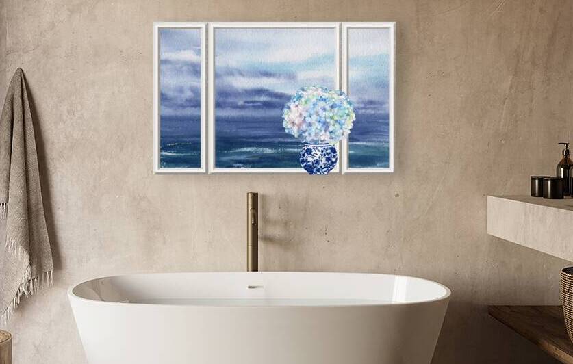 Hydrangea Flowers Bouquet In Blue Oriental Vase W by Irina Sztukowski