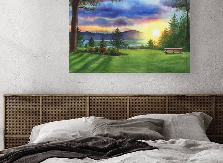 Sunset Above The River Inviting Bench Watercolor by Irina Sztukowski