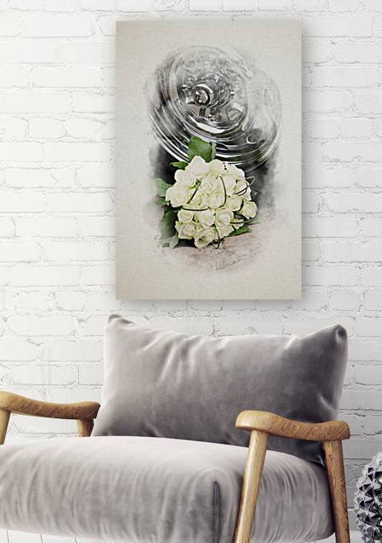 Elegant White Rose Bouquet Beside Polished Chrome in watercolor by Youri Mahieu