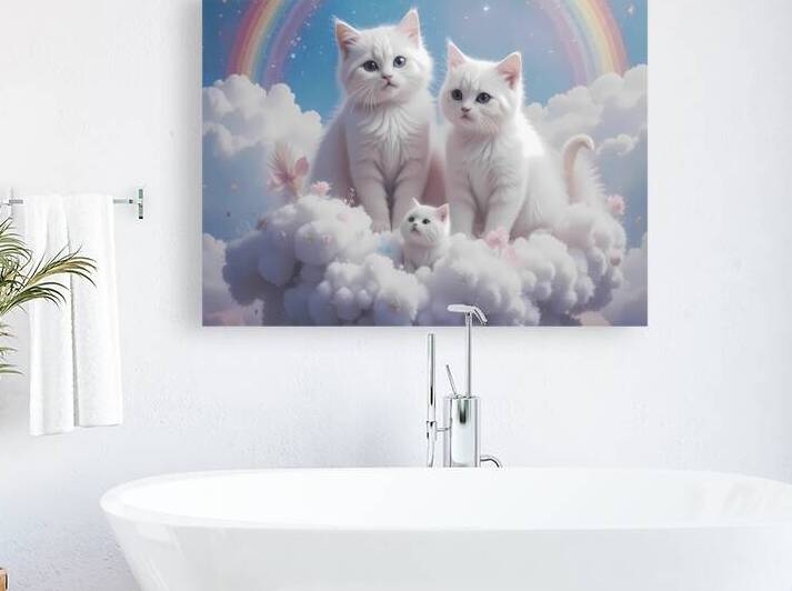 Angelic White Cats in Clouds – Dreamy Fantasy Pet Art Print by sama photo