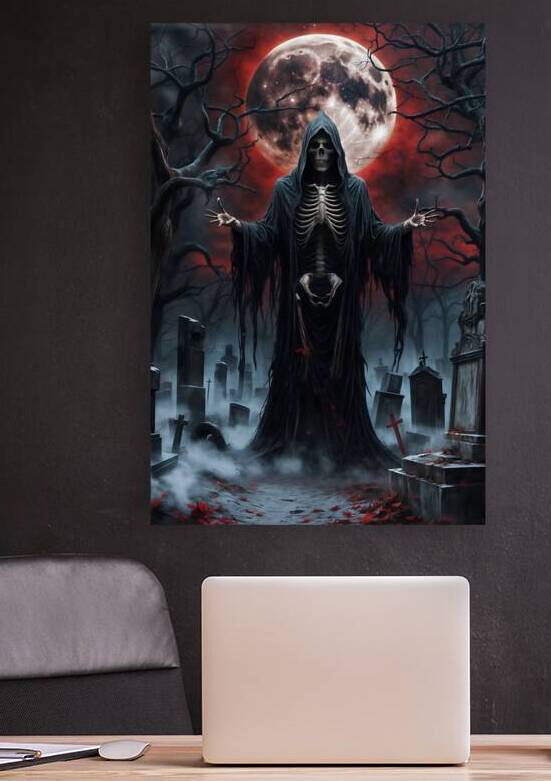 Grim Reaper Under Blood Moon in Haunted Graveyard by Abdu innovations