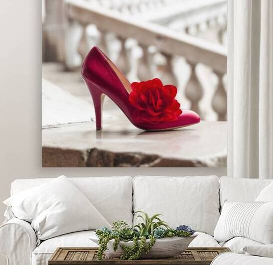 High heel shoe with a red flower Rialto Bridge Venice Italy by Assaf Frank