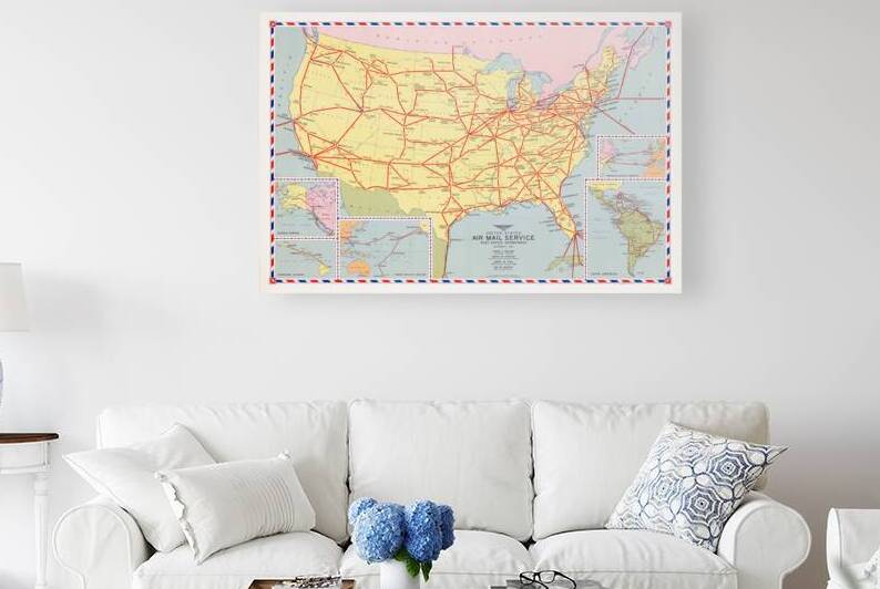 1940 Map of United States Post Office Air Routes – Mid-20th Century Map Showing Airmail Routes Airports Major Cities Flight Paths and Postal Network Across the Continental United States by History In Your Home