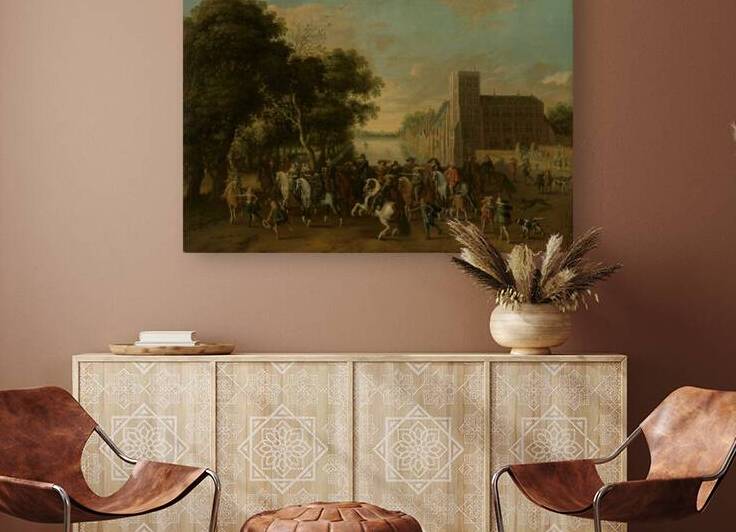 Prince Maurits. Accompanied by Prince Frederik Hendrik. Frederick V of Bohemia and his Wife Elizabeth Stuart. And Others. On the Buitenhof. The Hague [c. 1621–c. 1625] by Pauwels van Hillegaert [1596–1640] by MyCozyFineArt