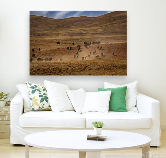 Cowboys guiding a herd of bison across a dusty prairie landscape by Gestalt Imagery