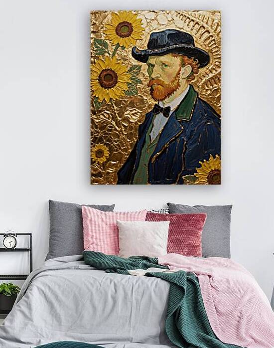 Vincent Van Gogh Sunflowers Gold Bronze Foil Impasto Painting Thick Textured Art by Sumer Paintings