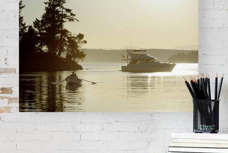 Couple in a dinghy rowing in front of a pleasure motorboat by Kevin Oke