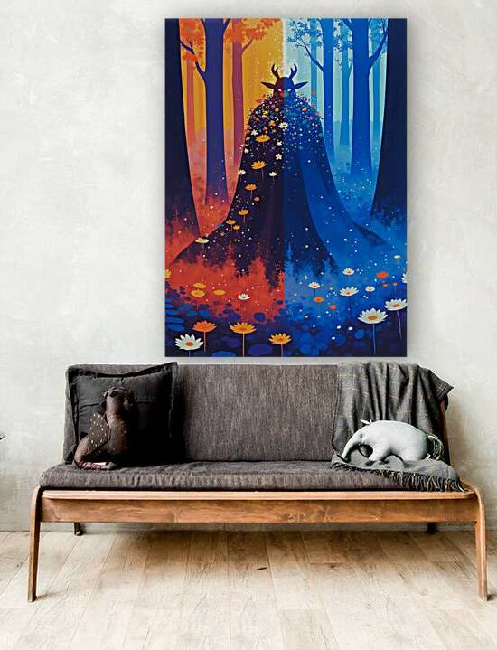 Fantasy Forest Spirit Wall Art – Mythical Antlered Creature in Light and Shadow with Flowers and Fire by Sigit Art