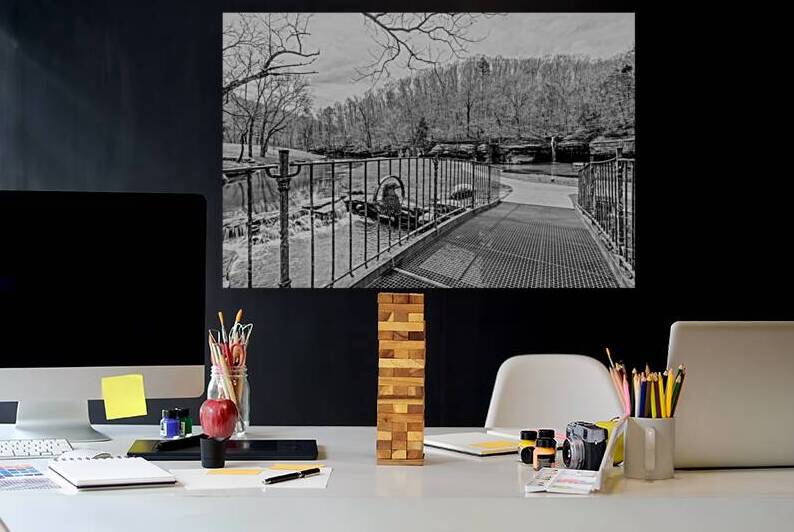 Metal Bridge And Waterfalls Grayscale by Jennifer White